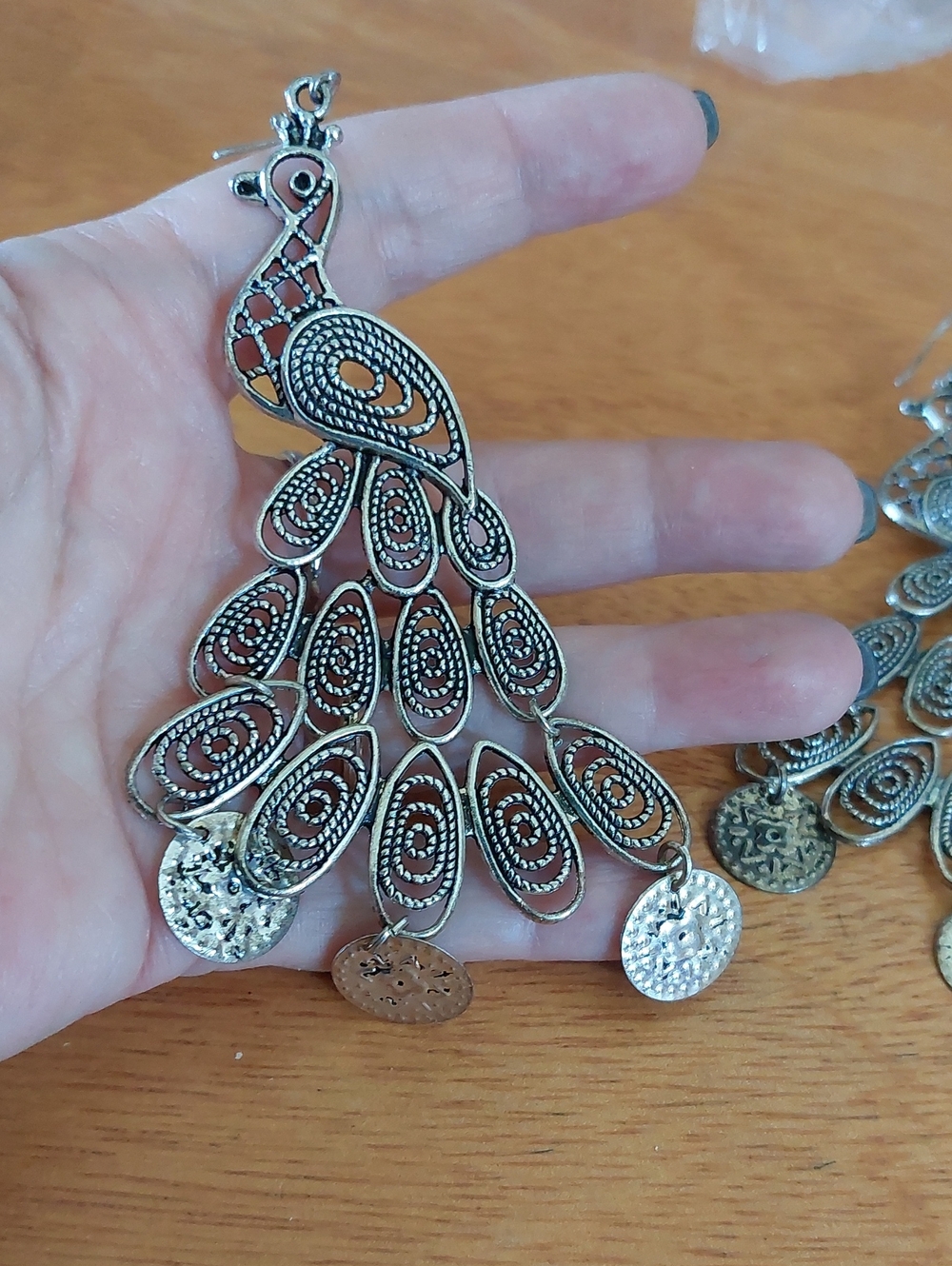 Huge Silvertone Peacock Earrings Dangle 4"